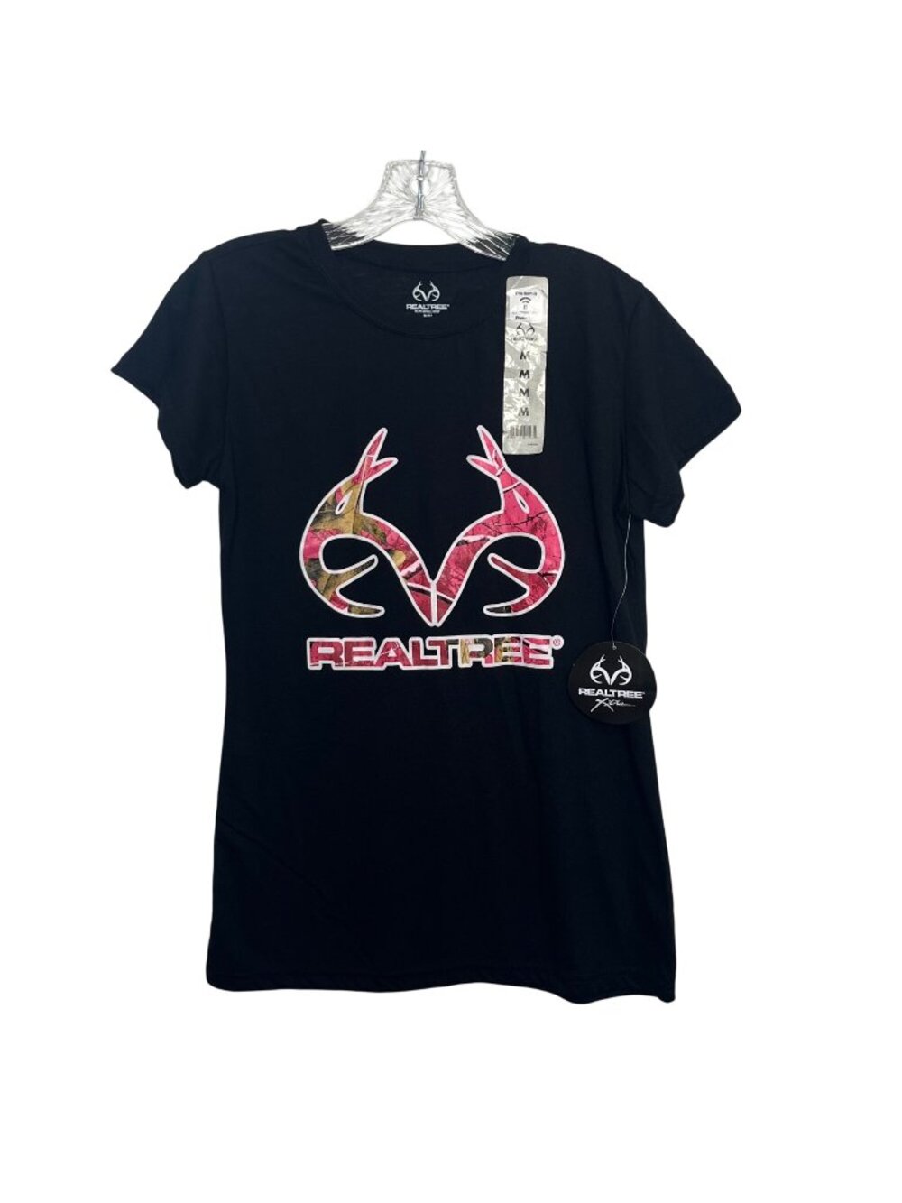 Realtree Camo Logo Short Sleeve Tshirt Womens Medium Black Pink New Hunting